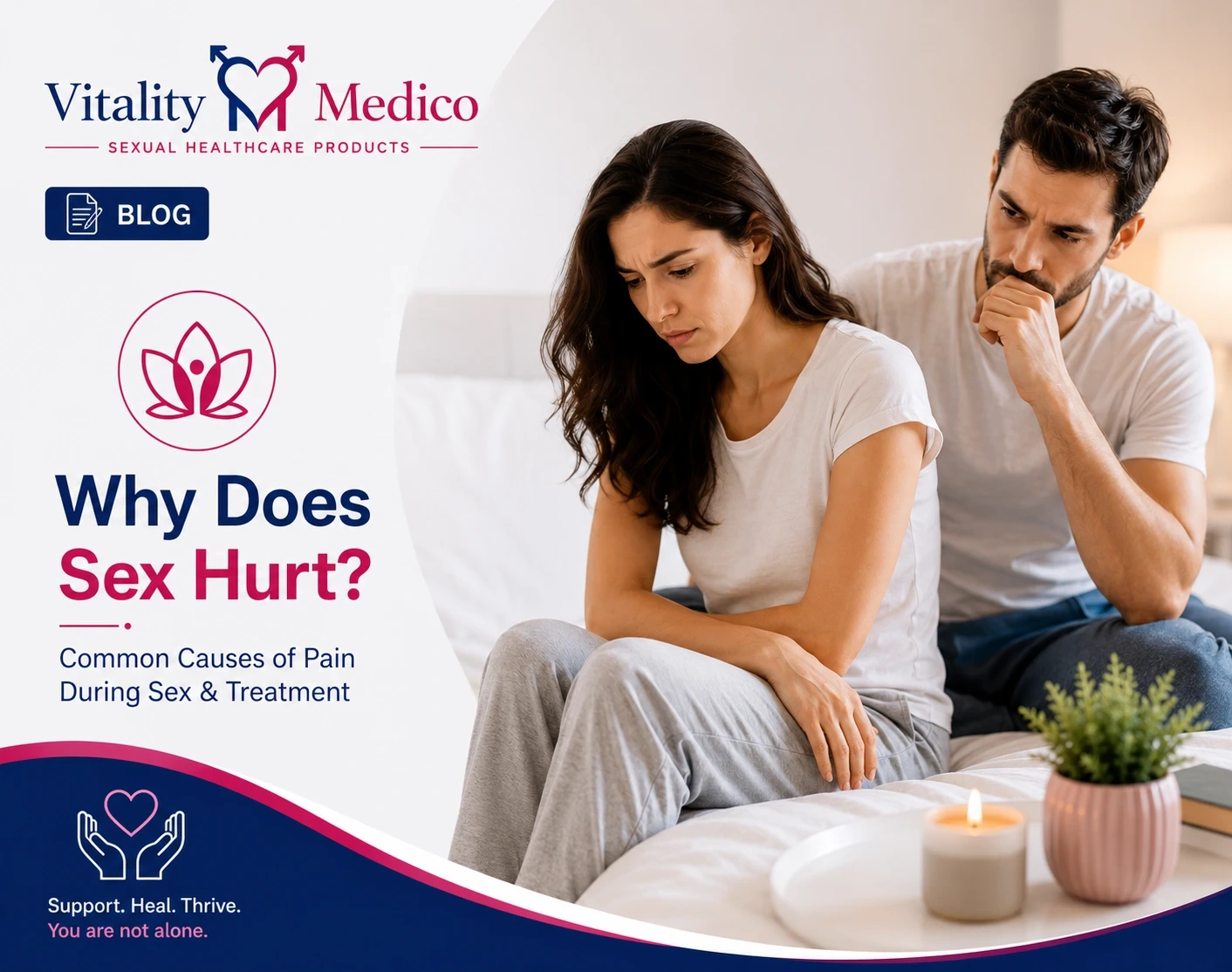 Why does sex hurt? Learn the common causes of pain during sex and treatment options with Vitality Medico, featuring a couple discussing intimacy, sexual wellness, and relationship health.