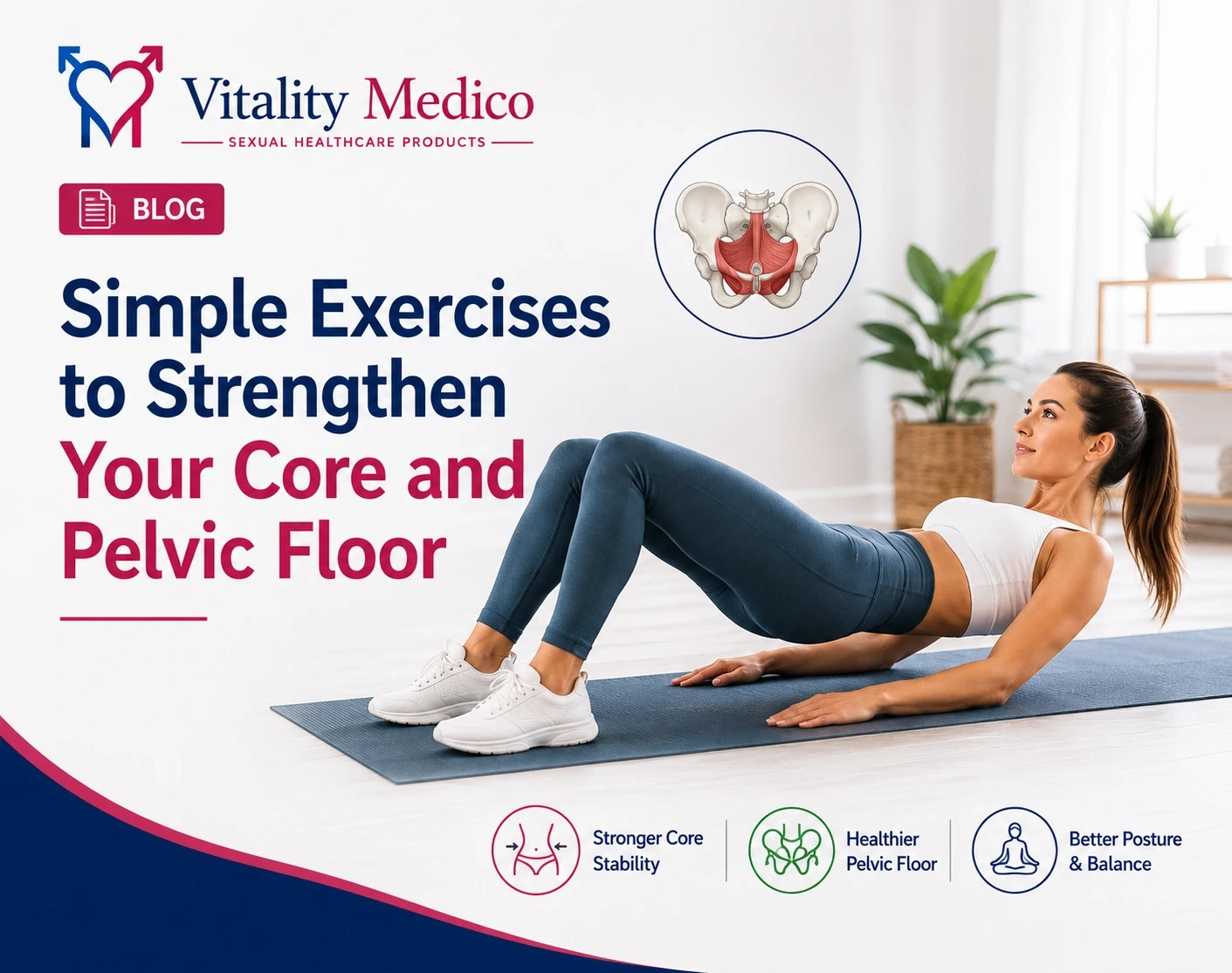 Simple exercises to strengthen your core and pelvic floor by Vitality Medico featuring a woman performing pelvic floor exercises to improve core stability, pelvic health, posture, and balance.