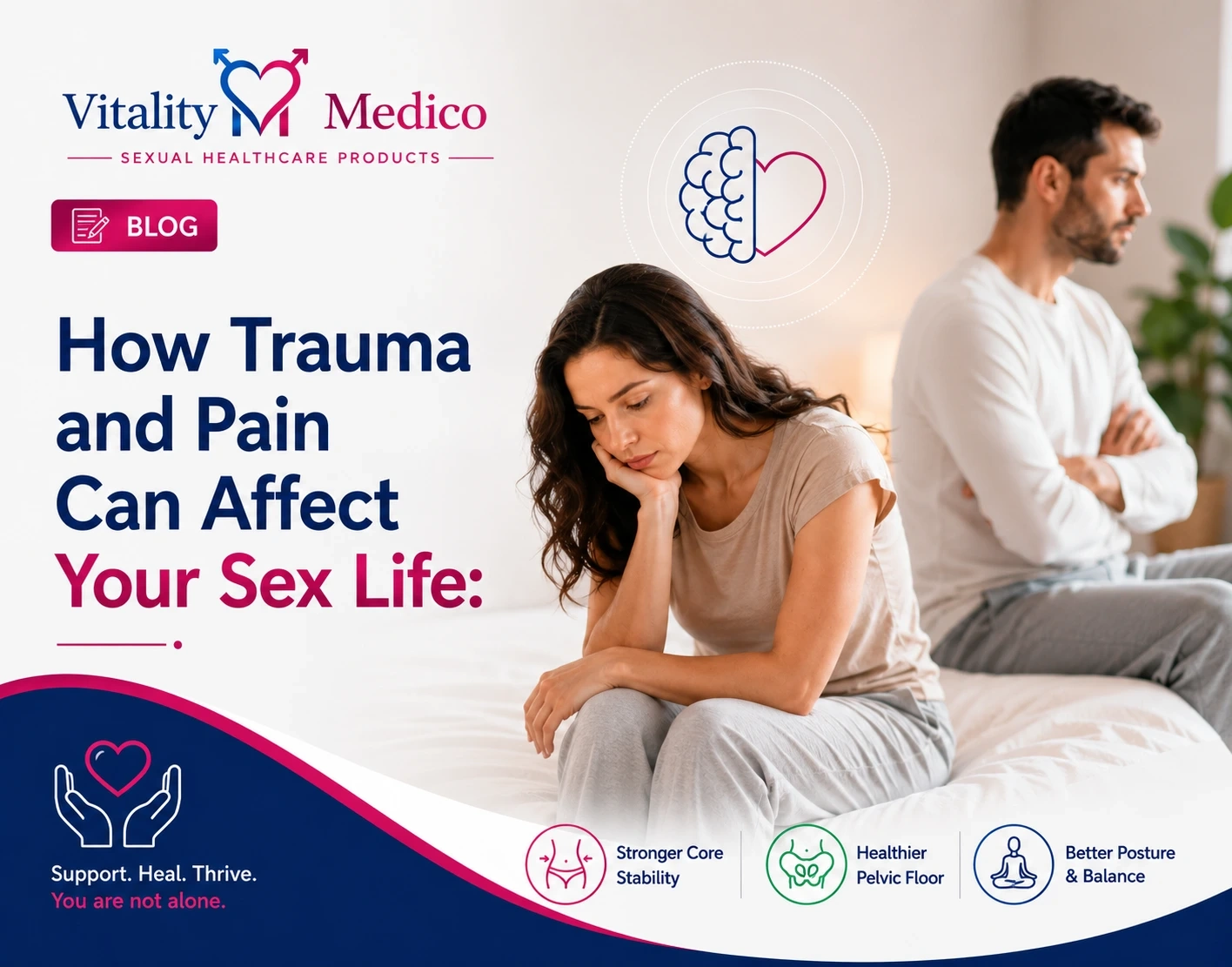 How trauma and pain can affect your sex life by Vitality Medico featuring a couple experiencing relationship challenges with a focus on emotional wellbeing, intimacy, and sexual health support.