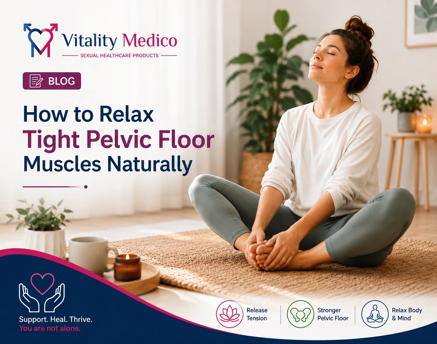 How to relax tight pelvic floor muscles naturally by Vitality Medico featuring a woman practicing relaxation and stretching exercises to reduce pelvic tension, improve flexibility, and support pelvic floor health.