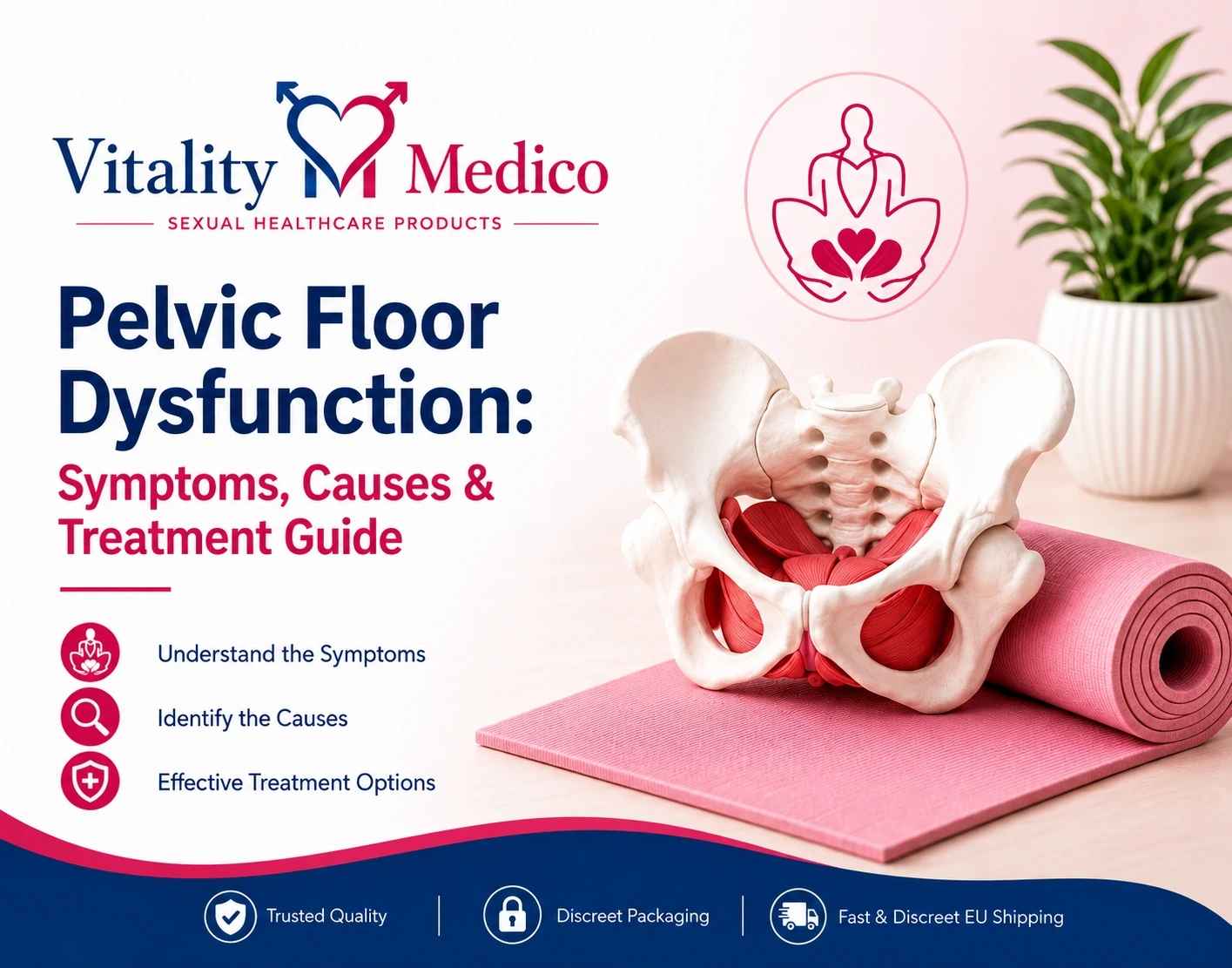 Pelvic Floor Dysfunction Symptoms Causes and Treatment Guide by Vitality Medico showing a pelvic anatomy model on an exercise mat with expert pelvic health information.