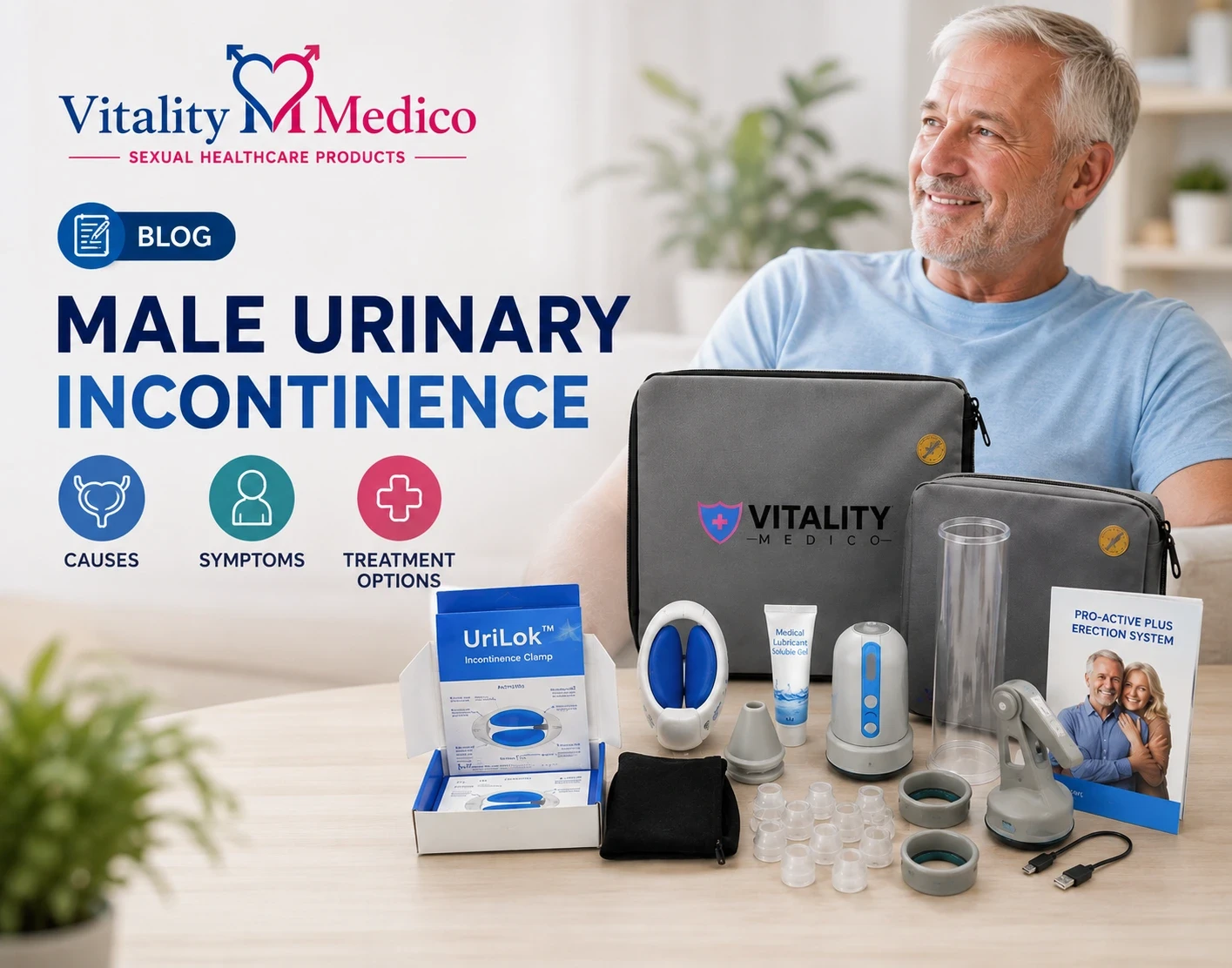 Male urinary incontinence causes symptoms and treatment options with UriLok incontinence clamp by Vitality Medico Europe