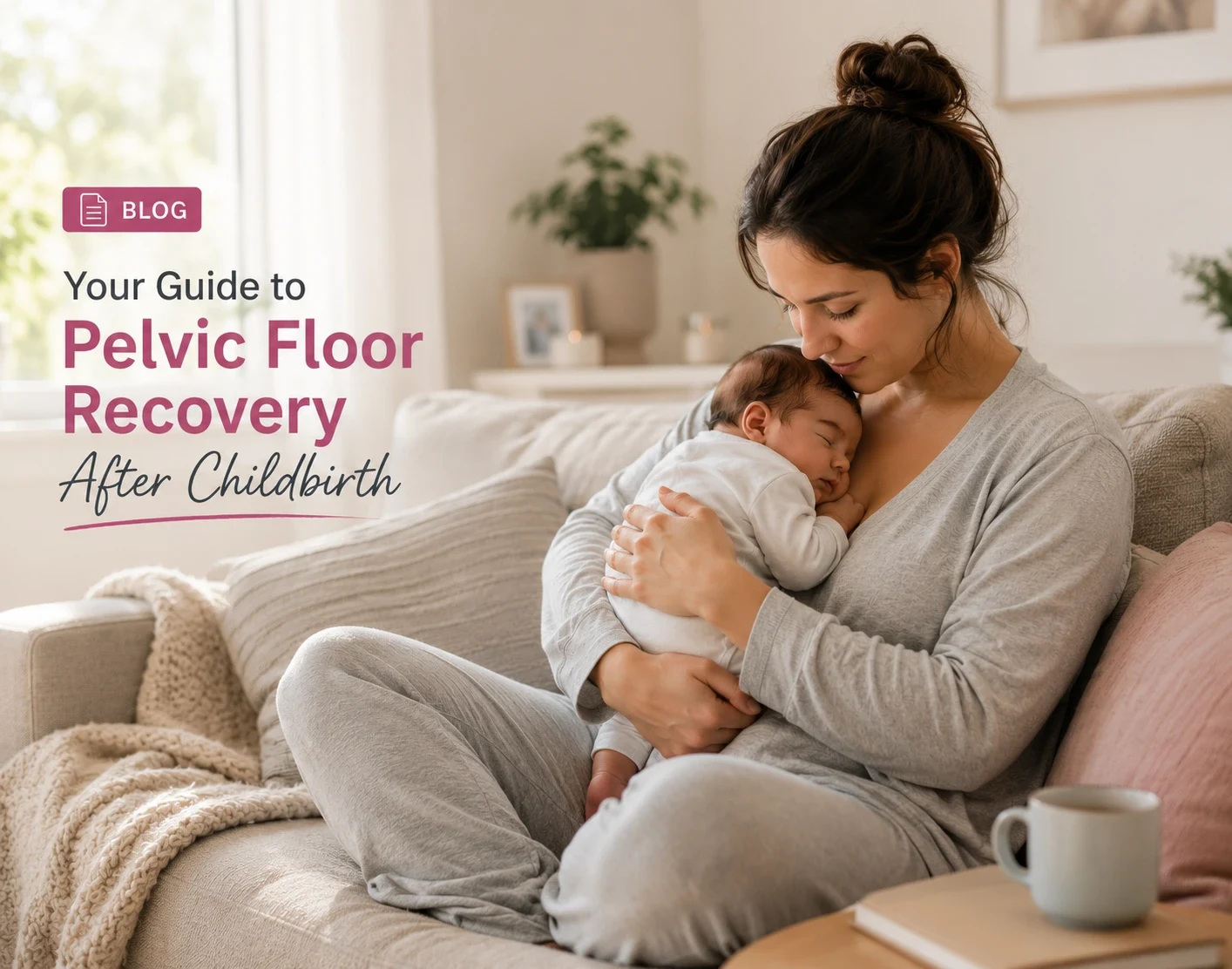 Your guide to pelvic floor recovery after childbirth by Vitality Medico featuring a mother holding her newborn, with expert information on postpartum pelvic floor healing, recovery, and women's health.