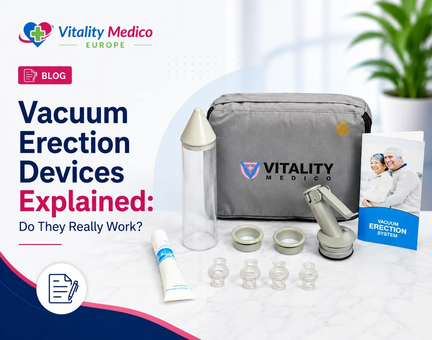Vacuum Erection Devices Explained by Vitality Medico featuring a vacuum erection device kit with pump, cylinder, constriction rings, lubricant, and storage case for erectile dysfunction therapy.