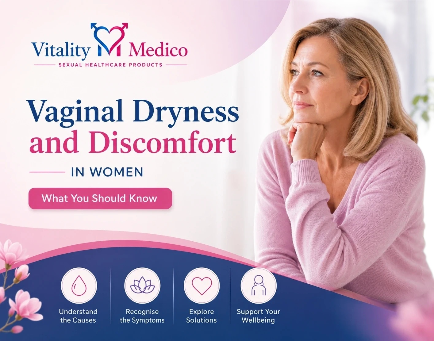 Woman experiencing vaginal dryness and discomfort, highlighting symptoms linked to menopause, hormonal changes and vaginal health.