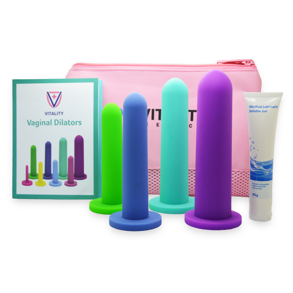 Silicone Vaginal Dilator Set 4-Pack in sizes 5 to 8, designed for pelvic therapy and vaginismus treatment.